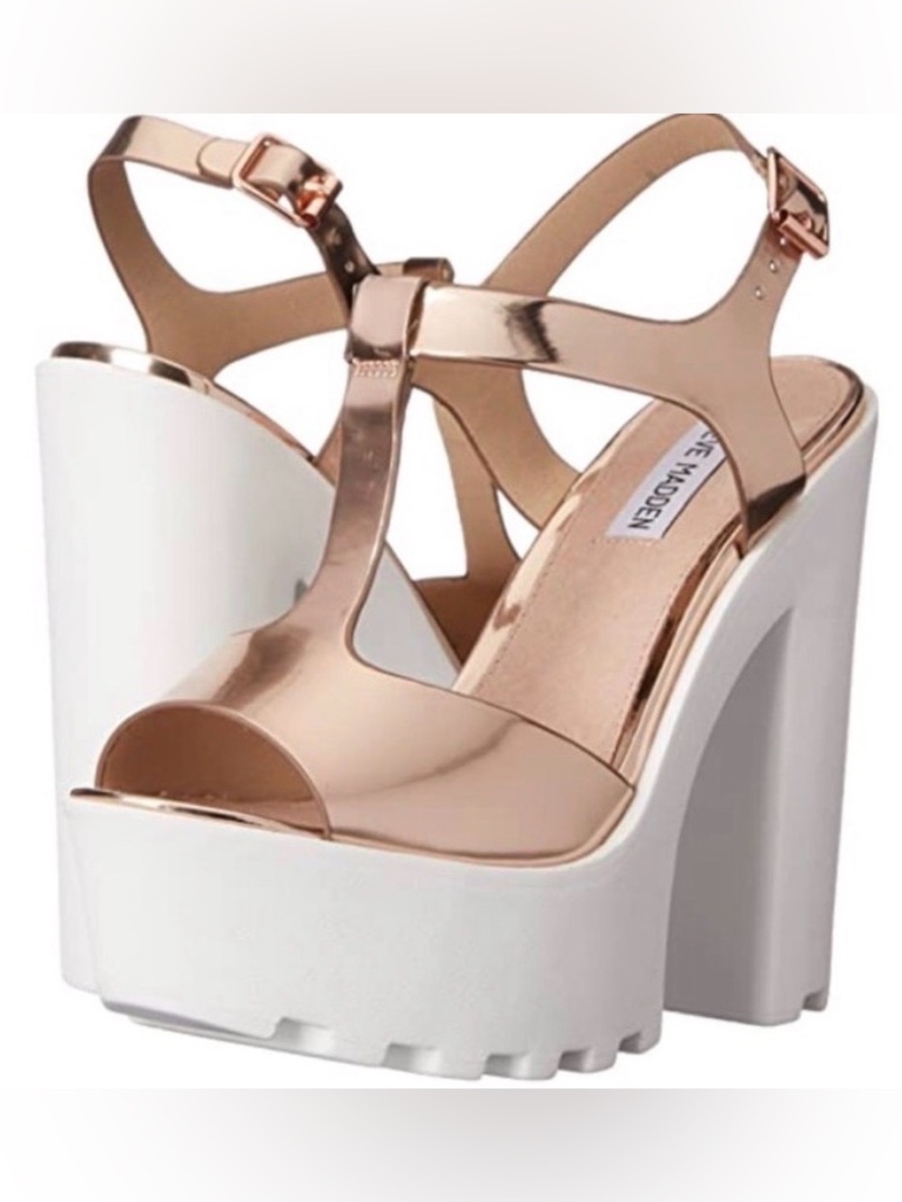 Y2K Steve Madden Metallic Rose Gold Platform Block Heel T-strap Sandals